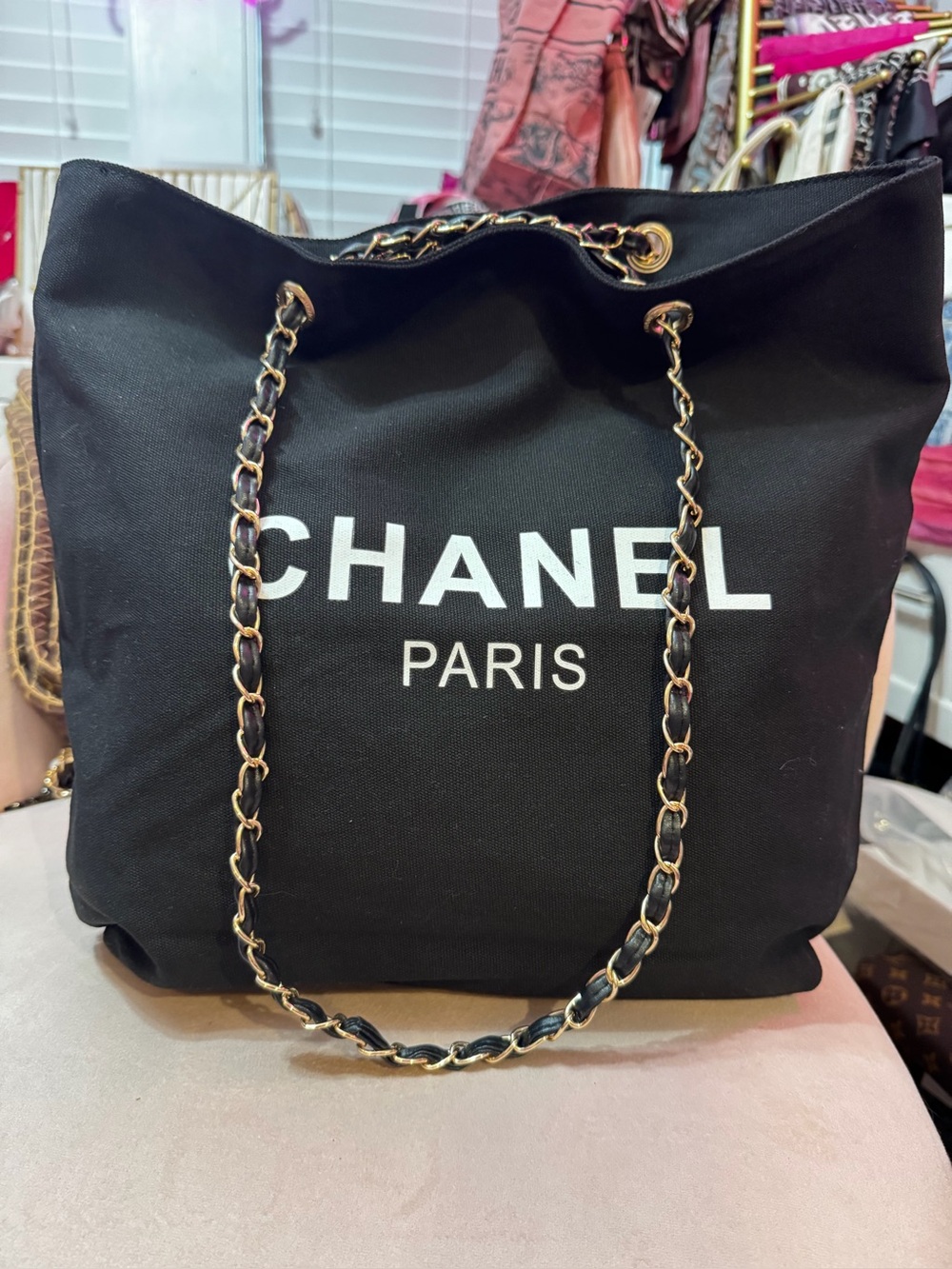 Black Canvas Tote Gold Chain